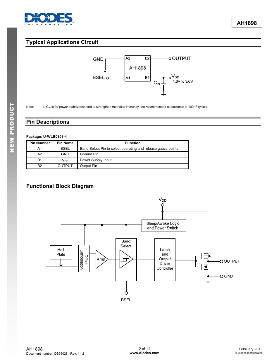 New prod uc t ah1898, Typical applications circuit, Pin descriptions | Functional block diagram | Diodes AH1898 User Manual | Page 2 / 11