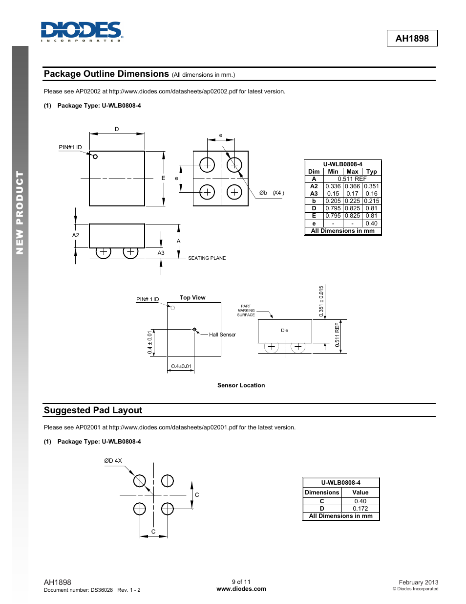 New prod uc t ah1898, Package outline dimensions, Suggested pad layout | Diodes AH1898 User Manual | Page 9 / 11