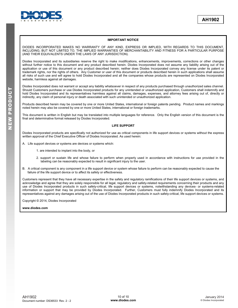 New prod uc t ah1902 | Diodes AH1902 User Manual | Page 10 / 10