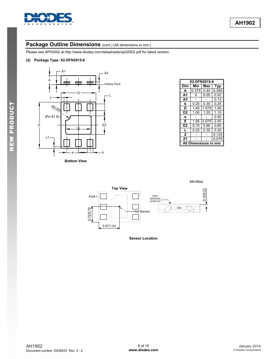 New prod uc t ah1902, Package outline dimensions | Diodes AH1902 User Manual | Page 8 / 10