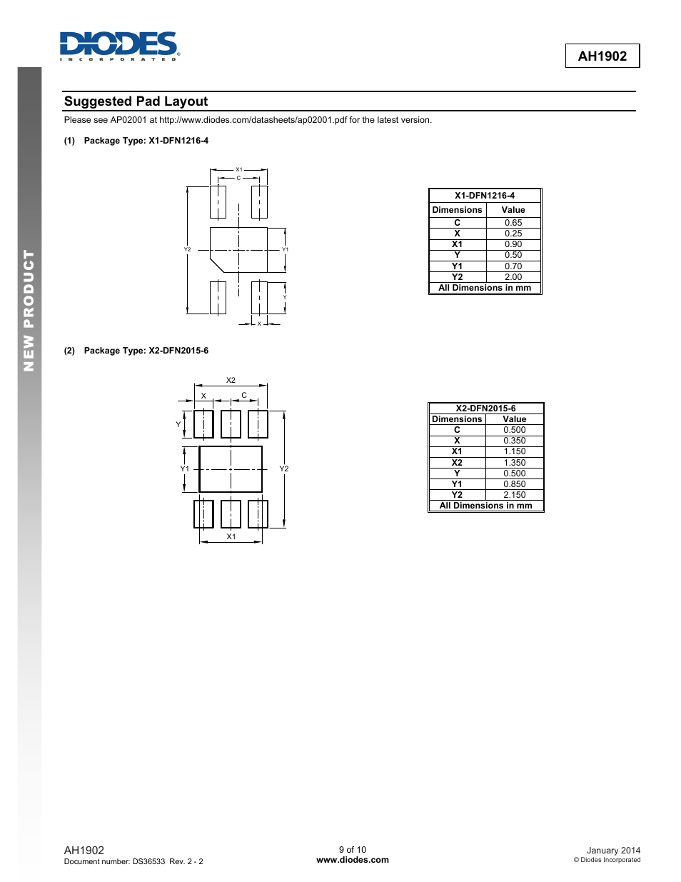 New prod uc t ah1902, Suggested pad layout | Diodes AH1902 User Manual | Page 9 / 10