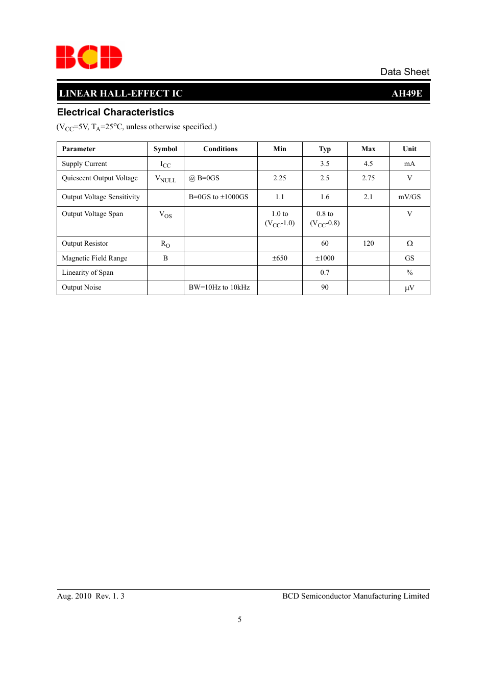 Linear hall-effect ic ah49e data sheet, Electrical characteristics | Diodes AH49E User Manual | Page 5 / 10
