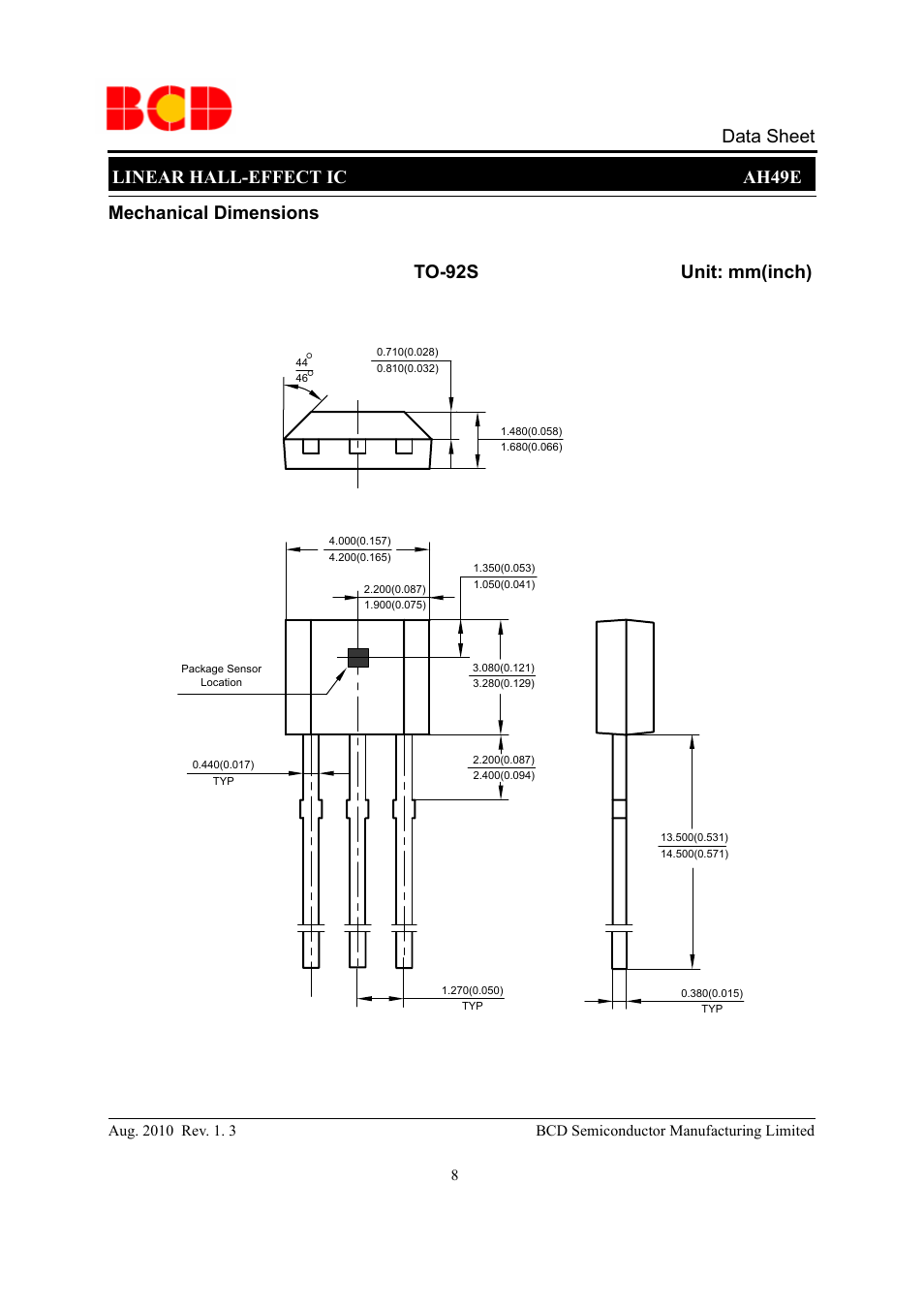 Linear hall-effect ic ah49e data sheet, Mechanical dimensions to-92s unit: mm(inch) | Diodes AH49E User Manual | Page 8 / 10