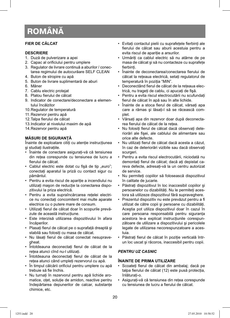 Română | Vitek VT-1253 User Manual | Page 20 / 40