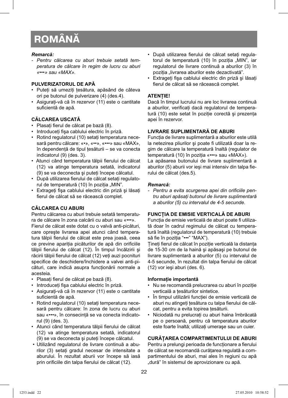Română | Vitek VT-1253 User Manual | Page 22 / 40