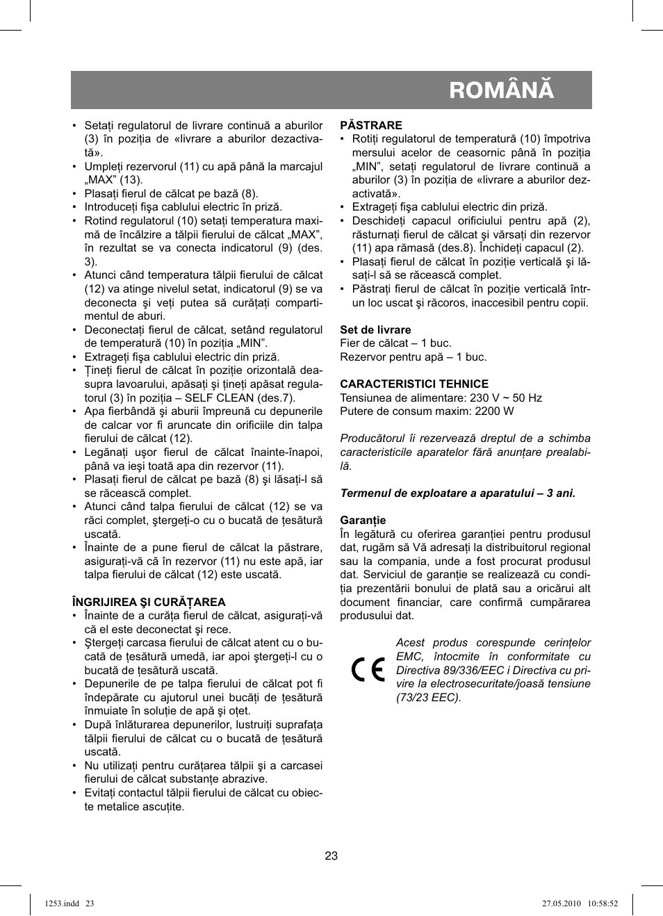 Română | Vitek VT-1253 User Manual | Page 23 / 40
