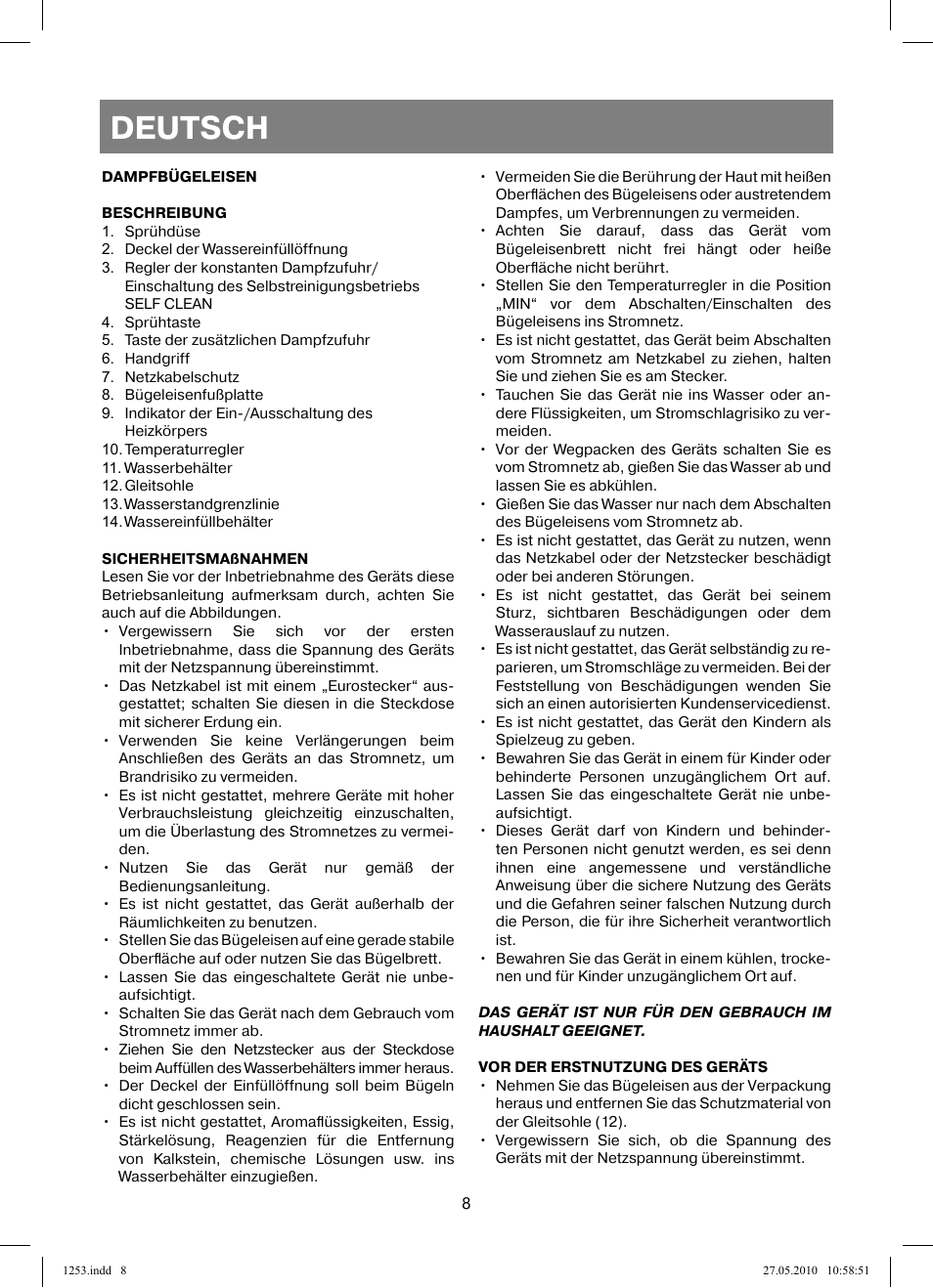 Deutsch | Vitek VT-1253 User Manual | Page 8 / 40