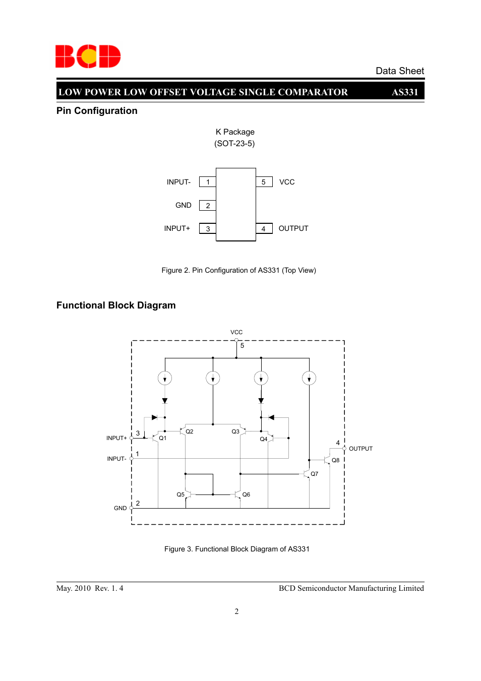 Pin configuration, Functional block diagram | Diodes AS331 User Manual | Page 2 / 12