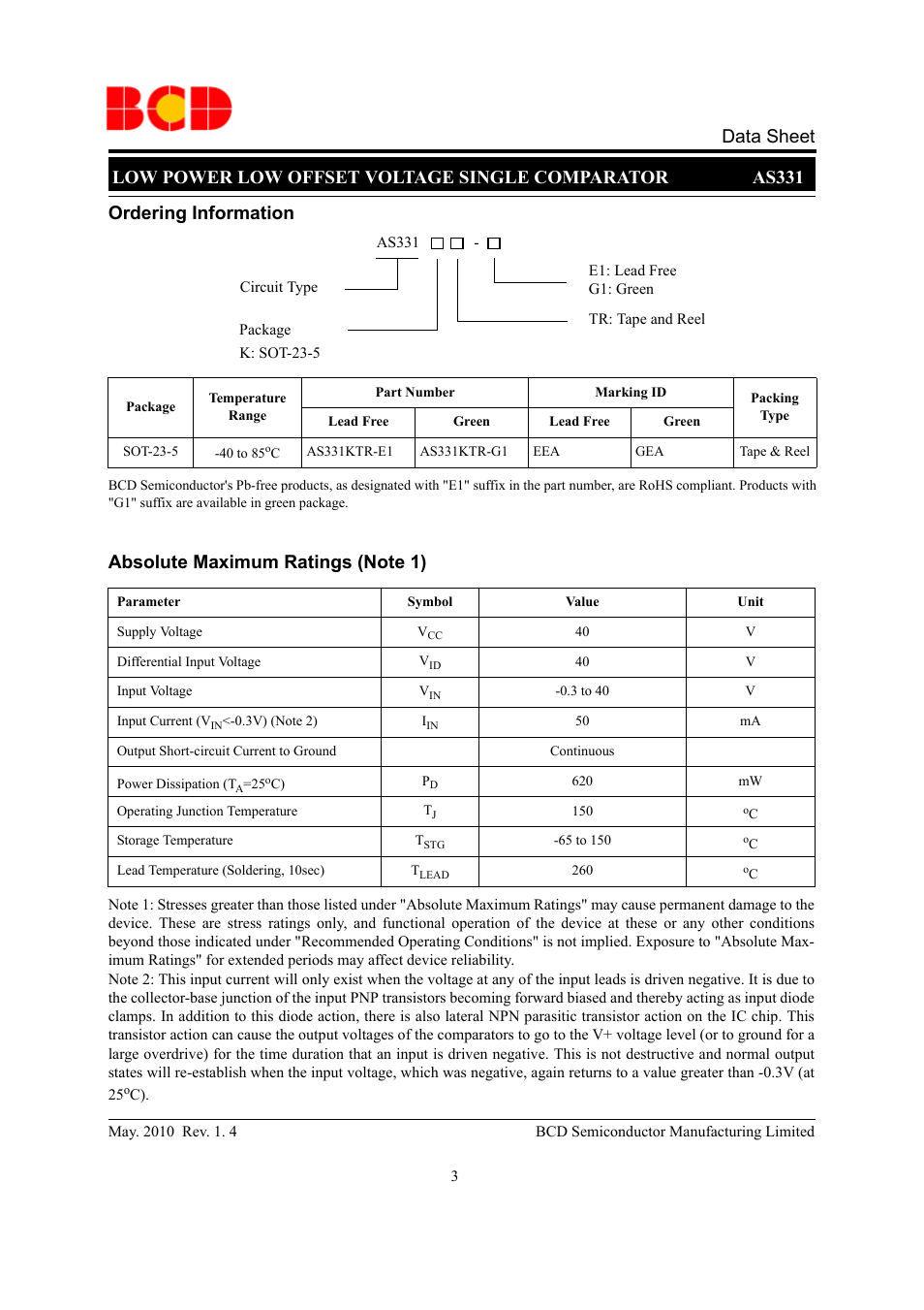 Ordering information | Diodes AS331 User Manual | Page 3 / 12