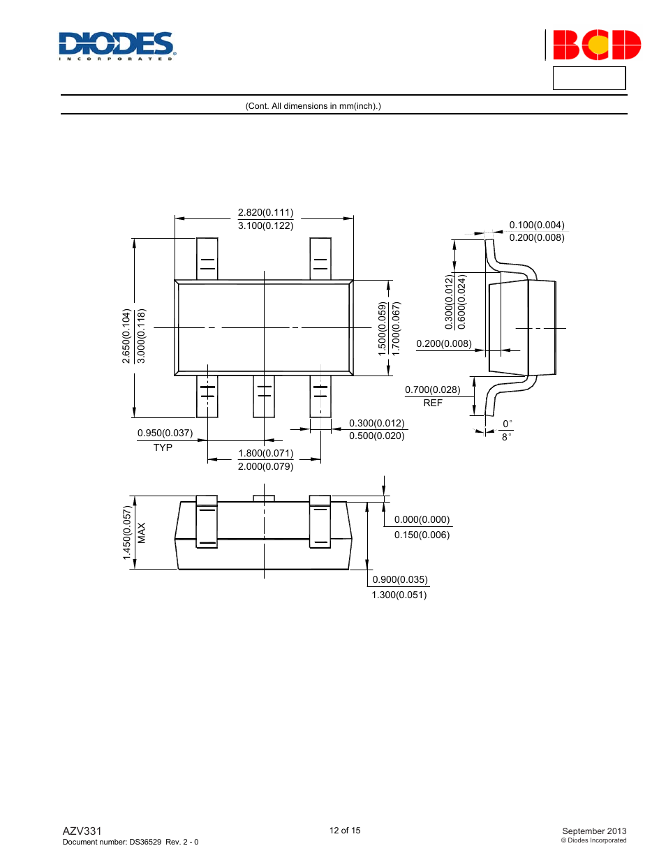 Azv331, Package outline dimensions, Sot-23-5 | Diodes AZV331 User Manual | Page 12 / 15