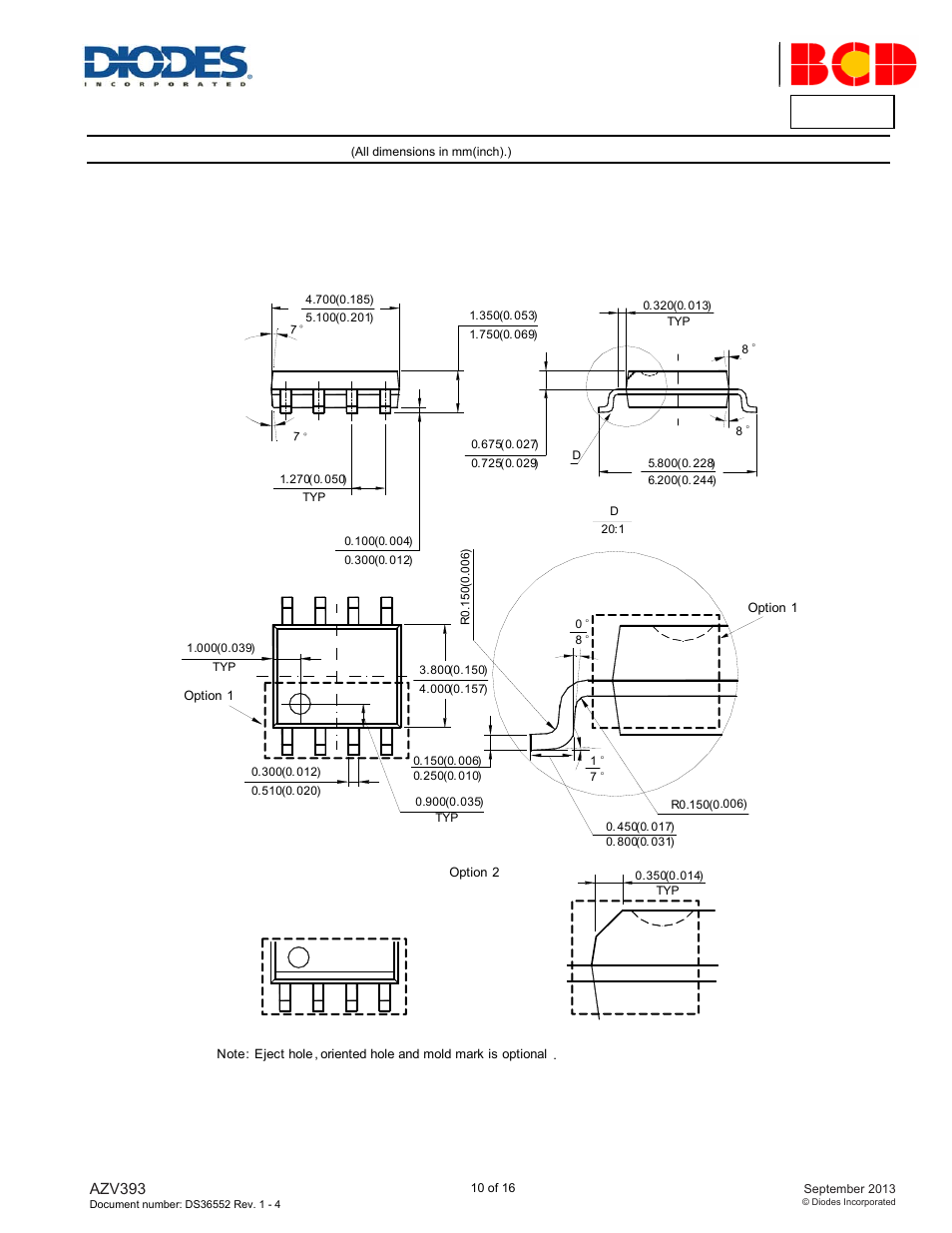 Azv393, Package outline dimensions, Soic-8 | Diodes AZV393 User Manual | Page 10 / 16