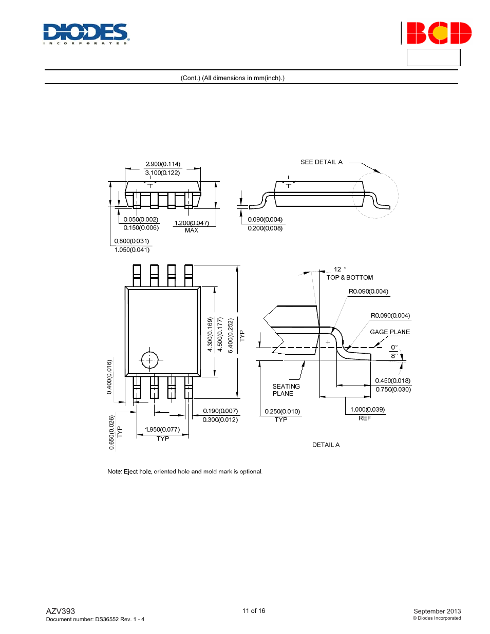 Azv393, Package outline dimensions, Tssop-8 | Diodes AZV393 User Manual | Page 11 / 16