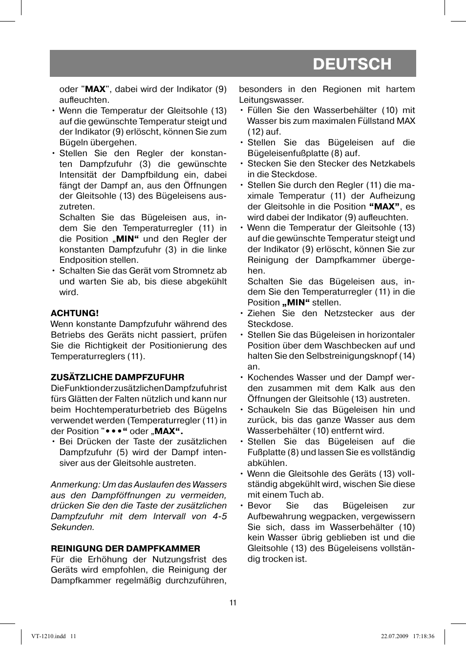 Deutsch | Vitek VT-1210 User Manual | Page 11 / 44