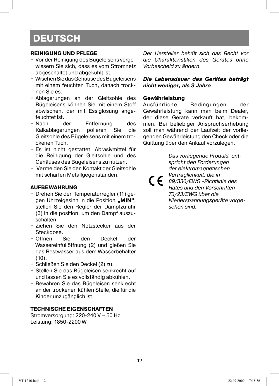 Deutsch | Vitek VT-1210 User Manual | Page 12 / 44