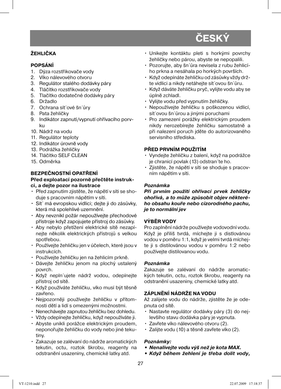 Český | Vitek VT-1210 User Manual | Page 27 / 44