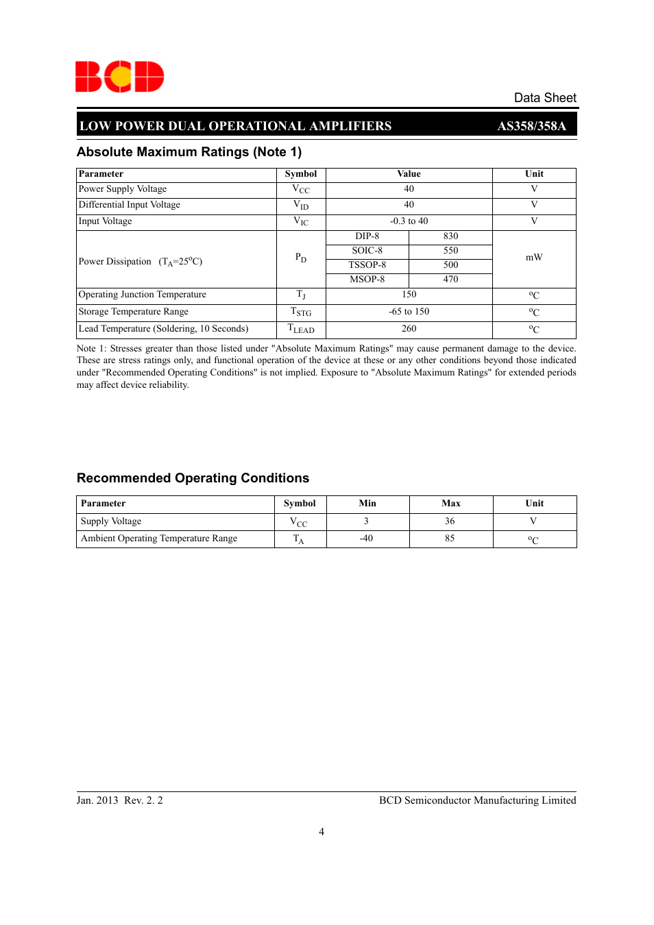 Data sheet | Diodes AS358_A User Manual | Page 4 / 16