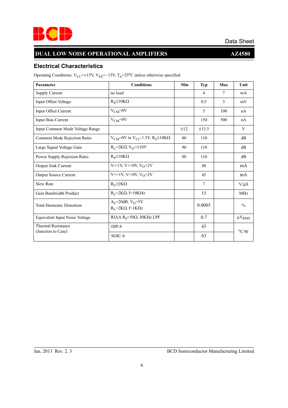 Electrical characteristics | Diodes AZ4580 User Manual | Page 6 / 13