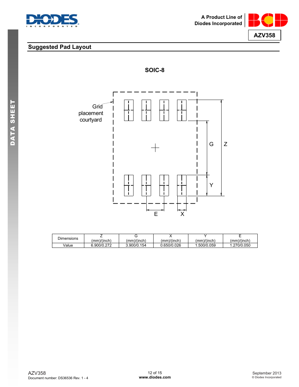 Azv358 data s h eet, Suggested pad layout, Soic-8 | Diodes AZV358 User Manual | Page 12 / 15