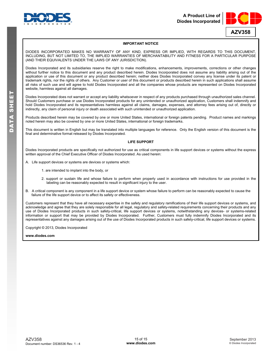 Azv358 data s h eet | Diodes AZV358 User Manual | Page 15 / 15