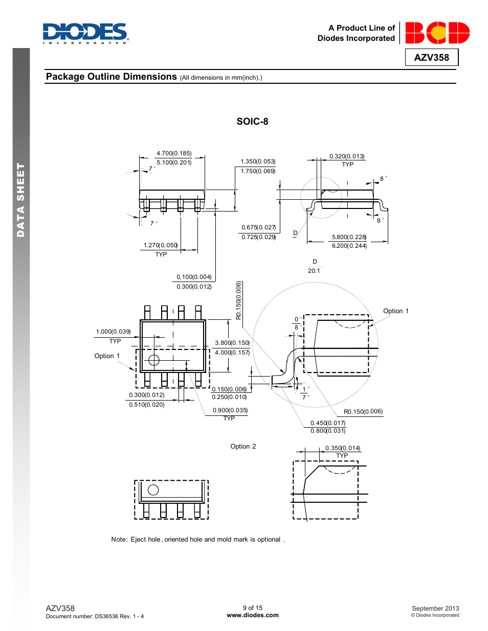 Azv358 data s h eet, Package outline dimensions, Soic-8 | Diodes AZV358 User Manual | Page 9 / 15