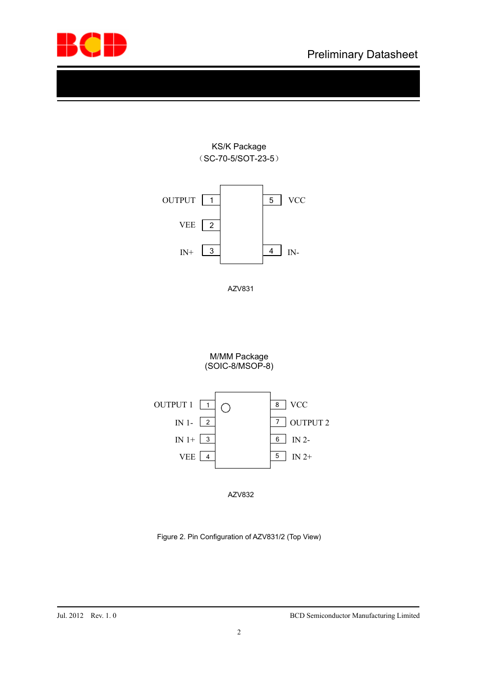 Preliminary datasheet, Azv831/2 pin configuration | Diodes AZV831/2 User Manual | Page 2 / 27