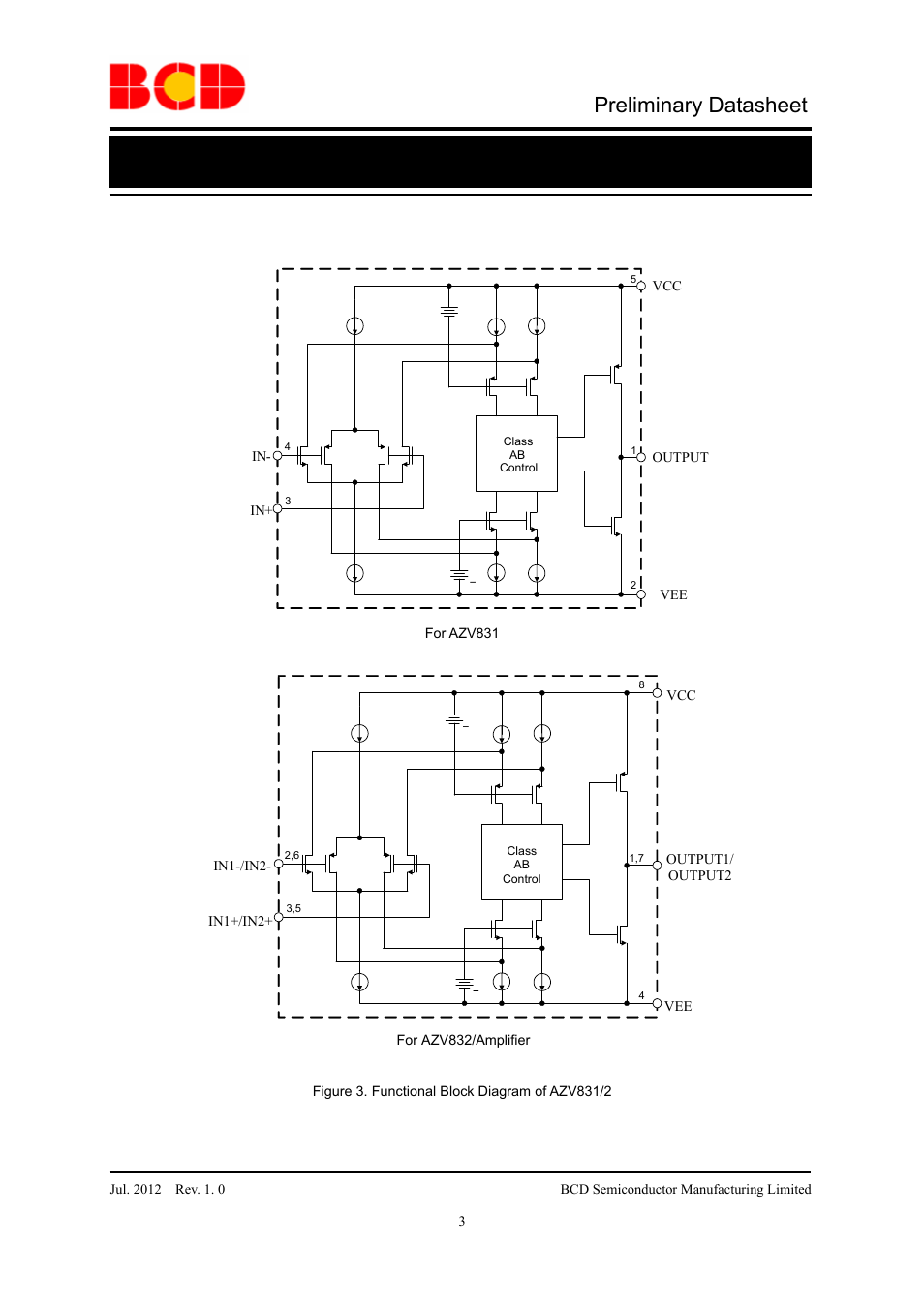 Preliminary datasheet, Azv831/2 function block diagram | Diodes AZV831/2 User Manual | Page 3 / 27