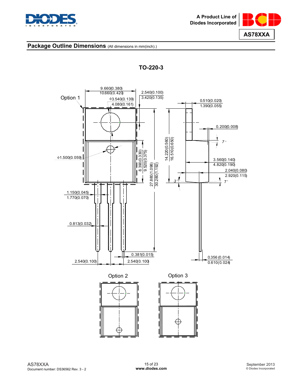 As78xxa, Package outline dimensions, To-220-3 | Diodes AS78XXA User Manual | Page 15 / 23