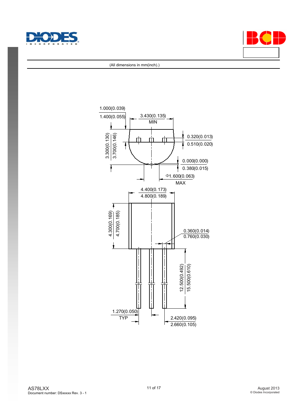 As78lxx da ta s h ee t, Package outline dimensions, To-92 (bulk packing) | Diodes AS78LXX User Manual | Page 11 / 17
