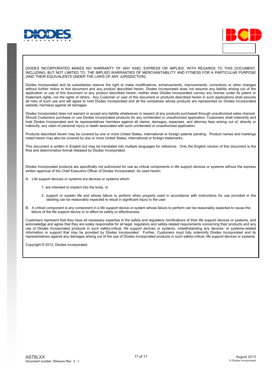 As78lxx da ta s h ee t | Diodes AS78LXX User Manual | Page 17 / 17