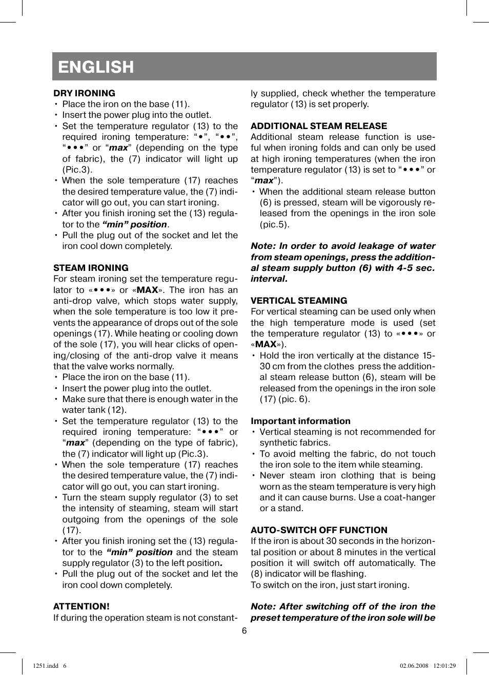English | Vitek VT-1251 User Manual | Page 6 / 48