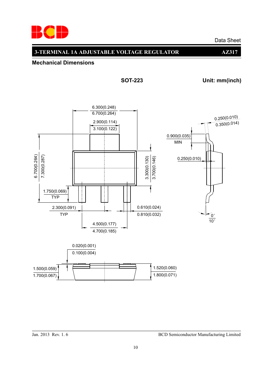 Mechanical dimensions sot-223 unit: mm(inch) | Diodes AZ317 User Manual | Page 10 / 15