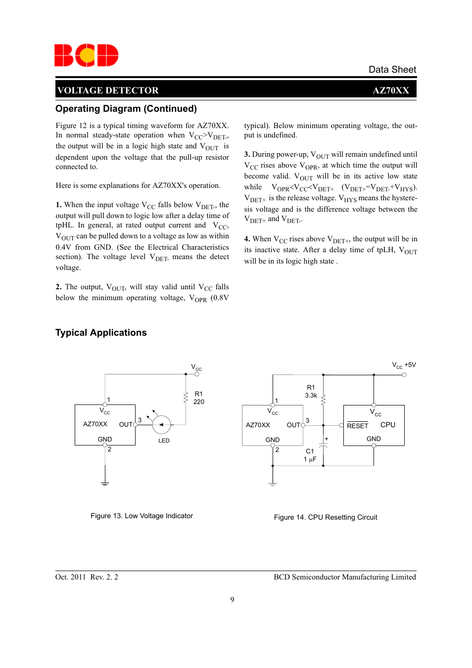 Voltage detector az70xx data sheet, Operating diagram (continued) typical applications | Diodes AZ70XX User Manual | Page 9 / 13
