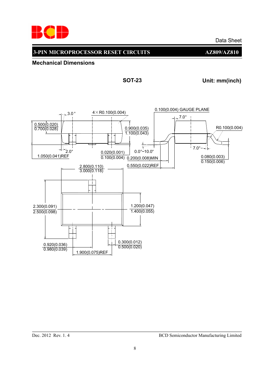 Mechanical dimensions sot-23 unit: mm(inch) | Diodes AZ809/AZ810 User Manual | Page 8 / 9