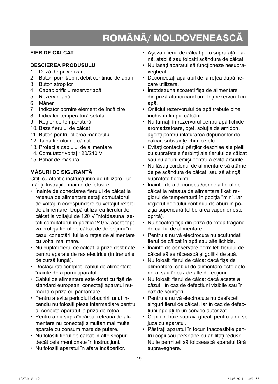 Română/ moldovenească | Vitek VT-1227 User Manual | Page 19 / 40