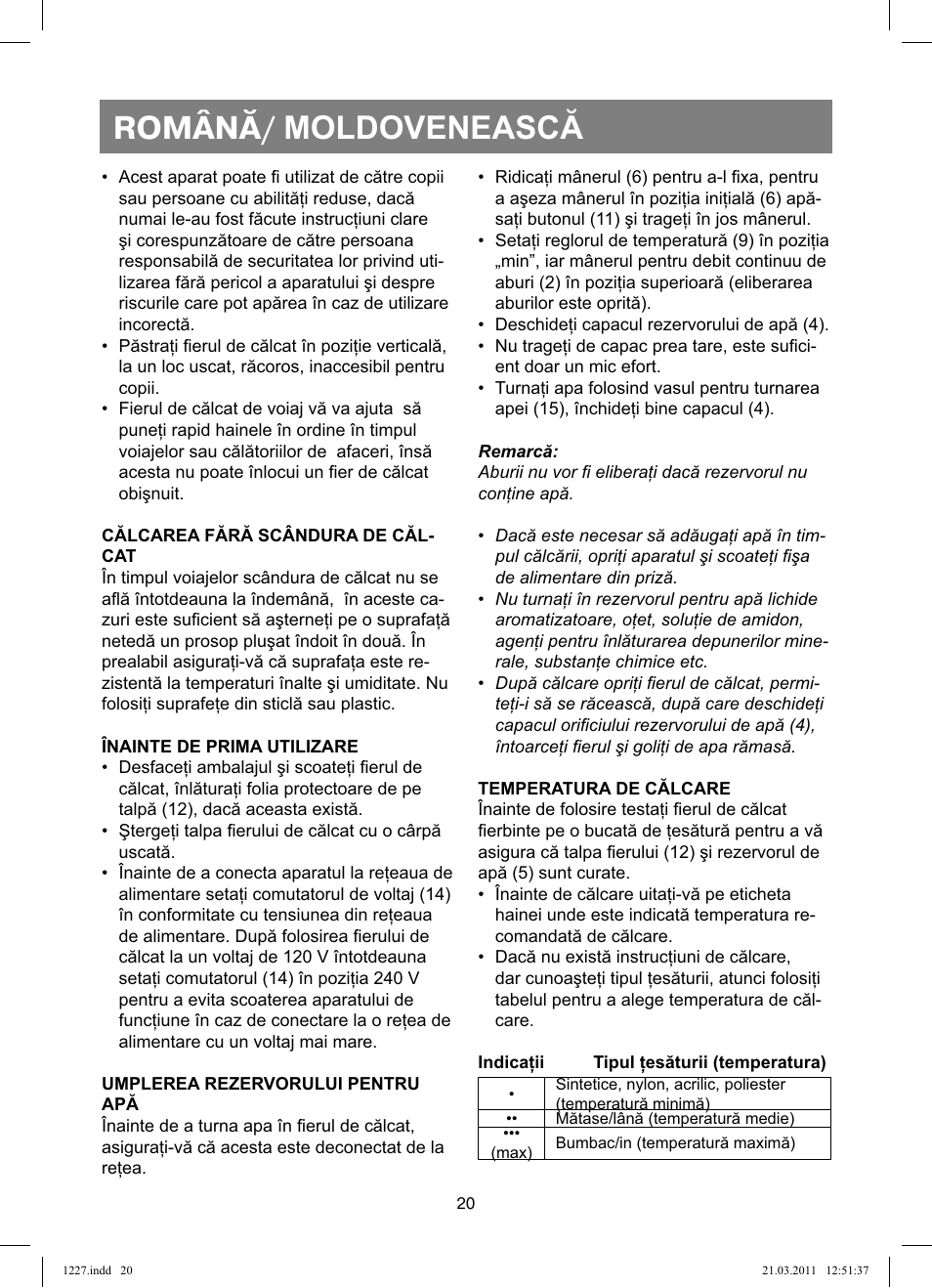 Română/ moldovenească | Vitek VT-1227 User Manual | Page 20 / 40