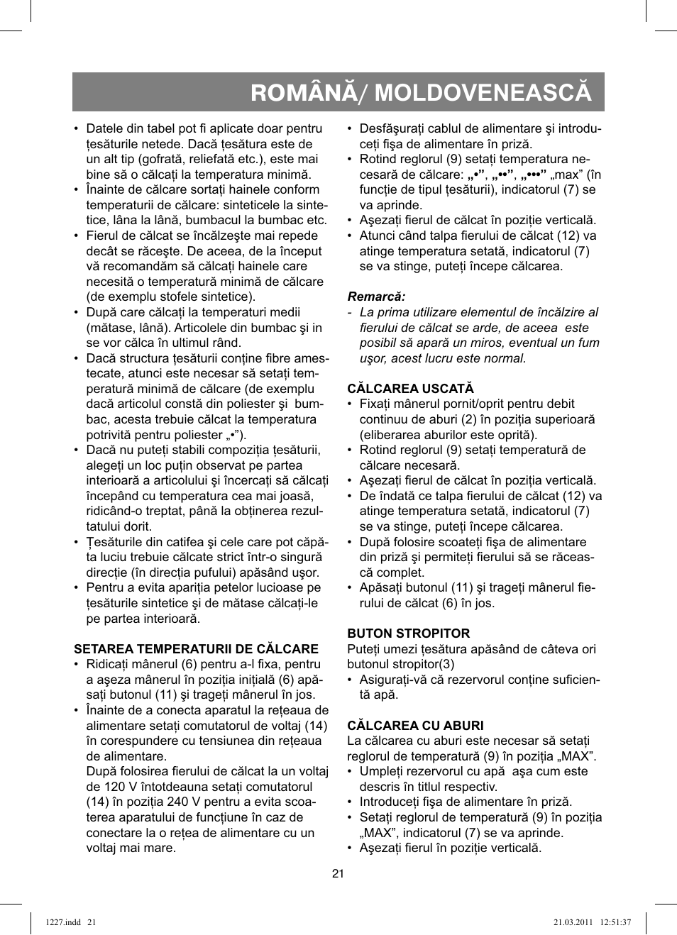 Română/ moldovenească | Vitek VT-1227 User Manual | Page 21 / 40