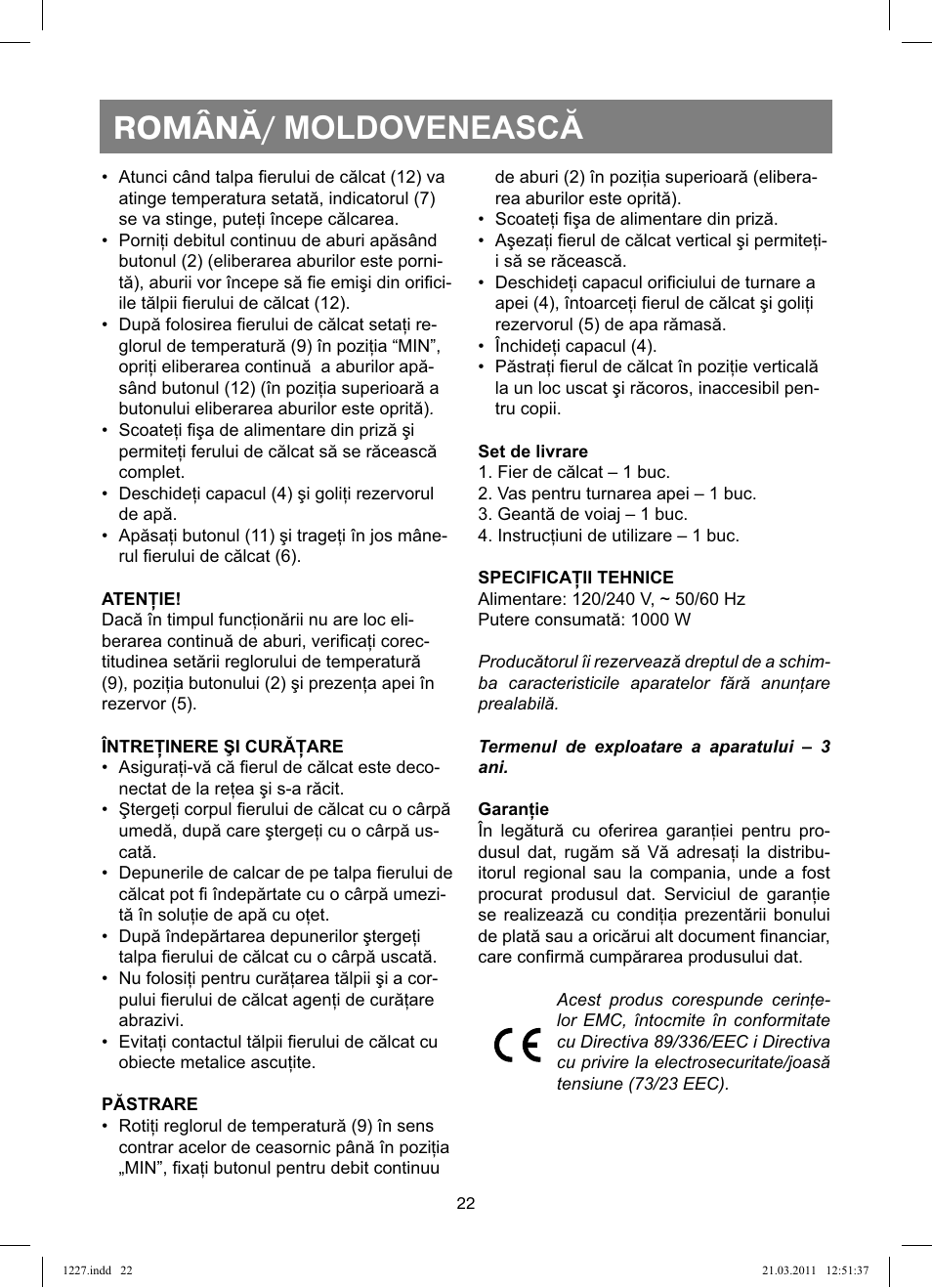 Română/ moldovenească | Vitek VT-1227 User Manual | Page 22 / 40