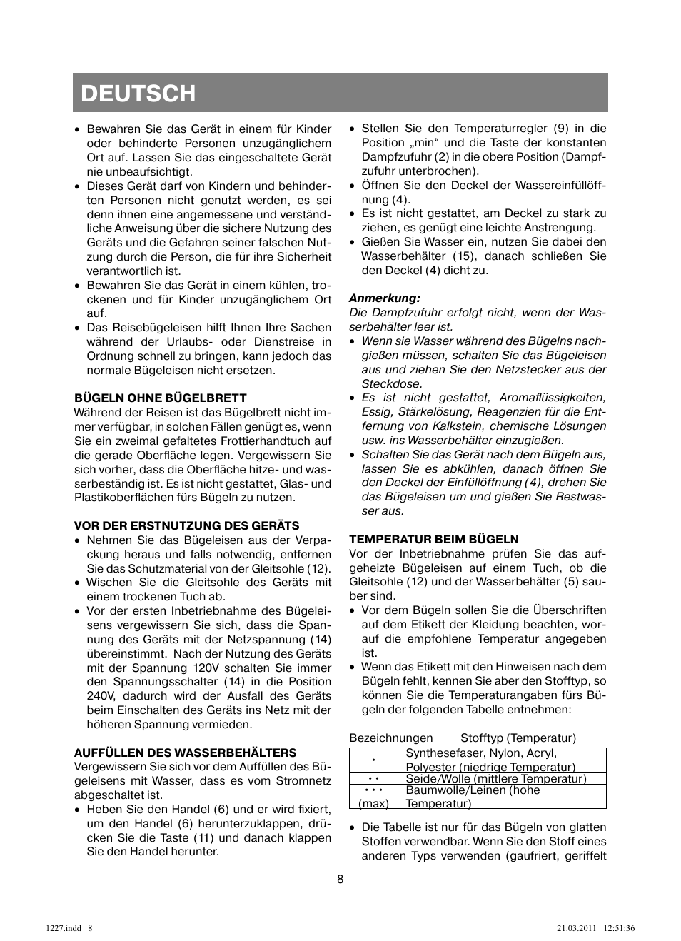 Deutsch | Vitek VT-1227 User Manual | Page 8 / 40