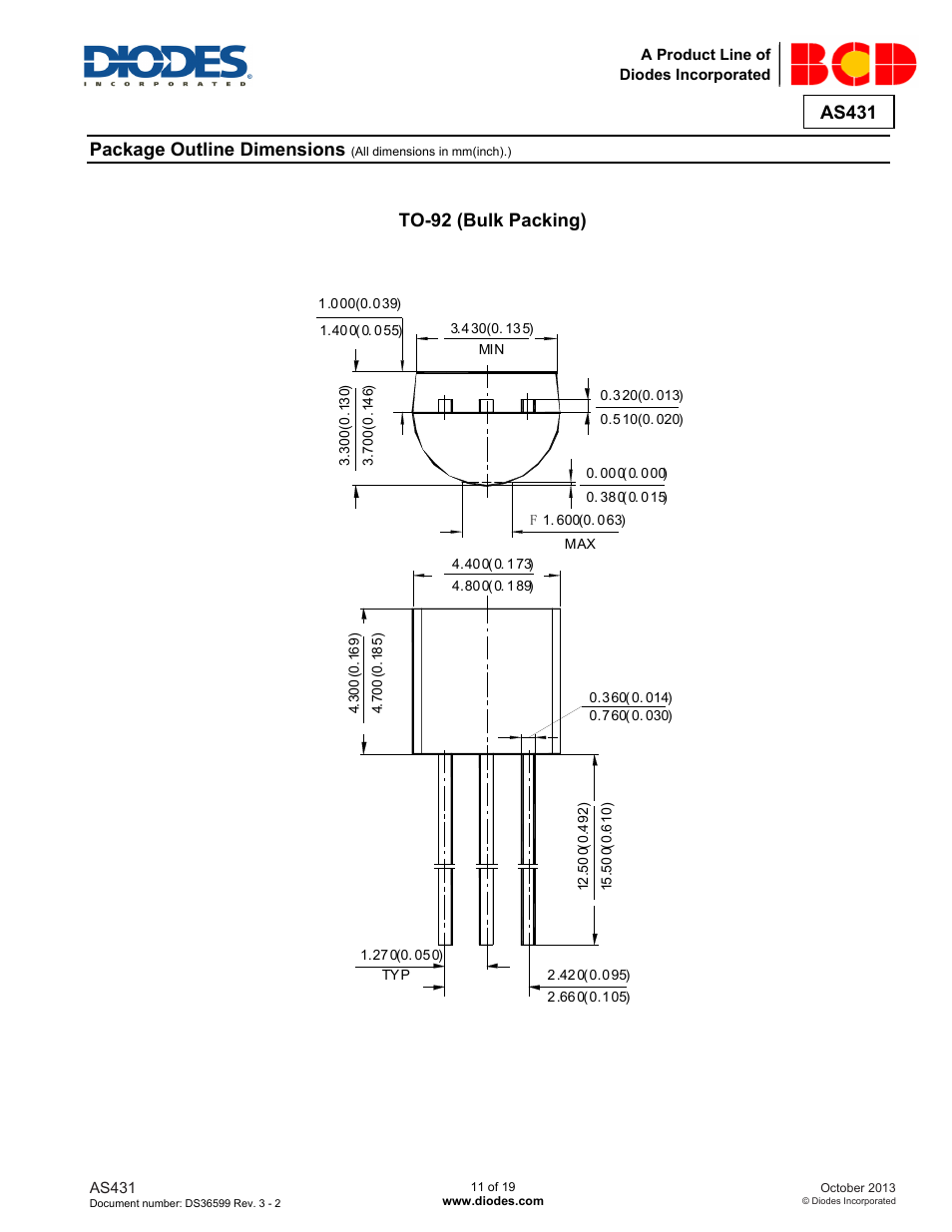 As431, Package outline dimensions, To-92 (bulk packing) | Diodes AS431 User Manual | Page 11 / 19