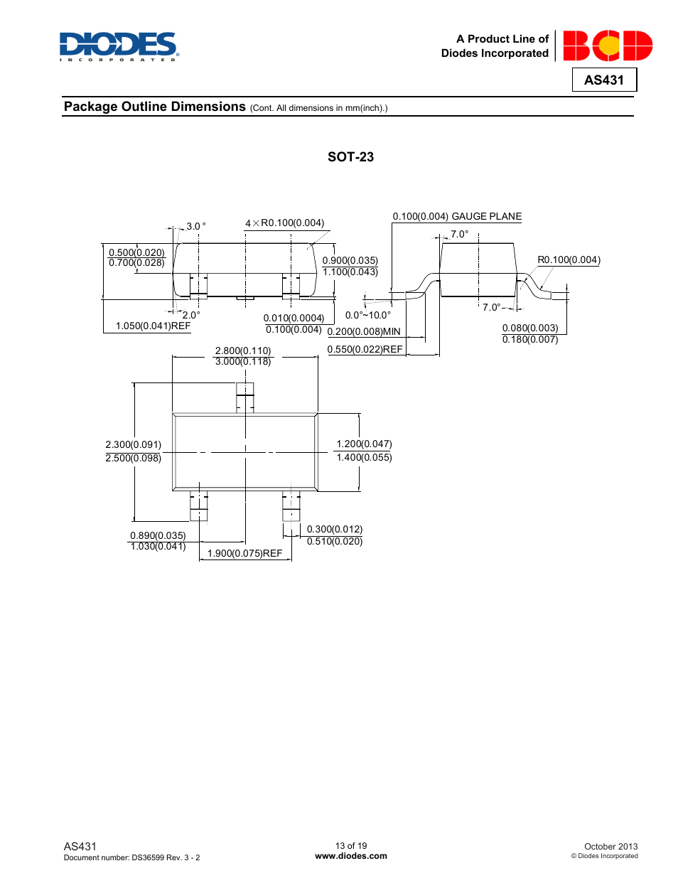 As431, Package outline dimensions, Sot-23 | Diodes AS431 User Manual | Page 13 / 19