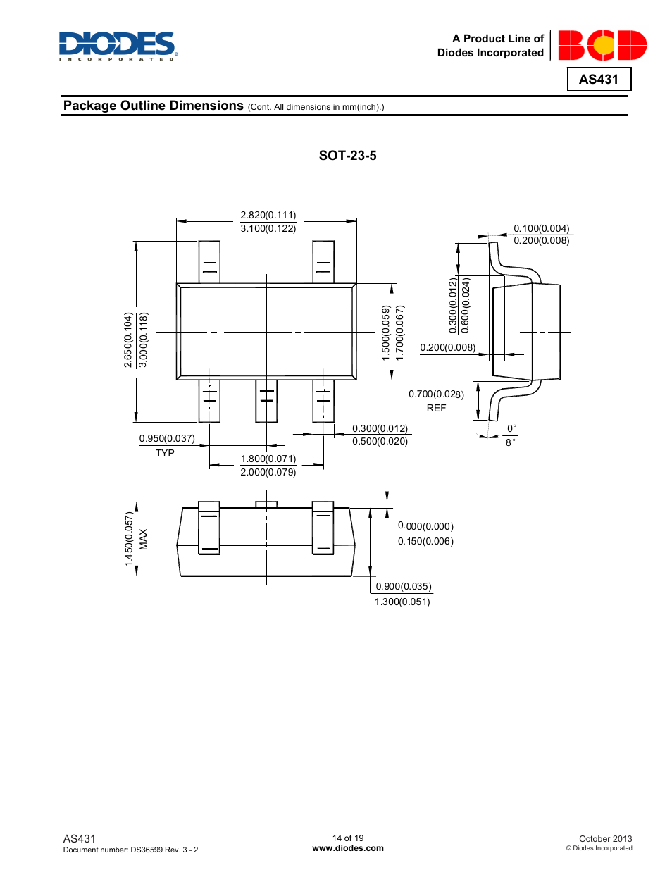As431, Package outline dimensions, Sot-23-5 | Diodes AS431 User Manual | Page 14 / 19