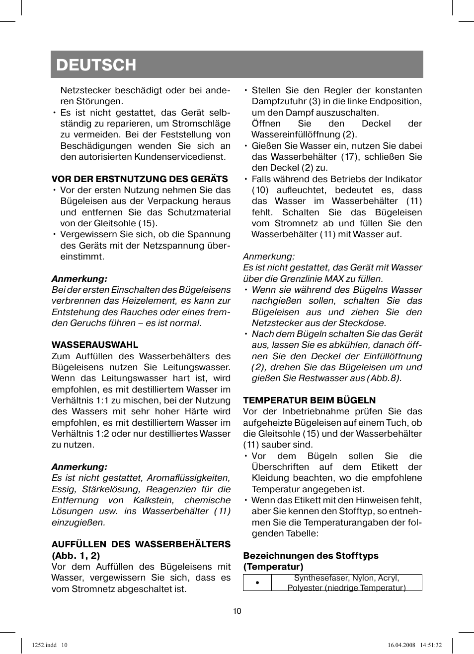 Deutsch | Vitek VT-1252 User Manual | Page 10 / 52