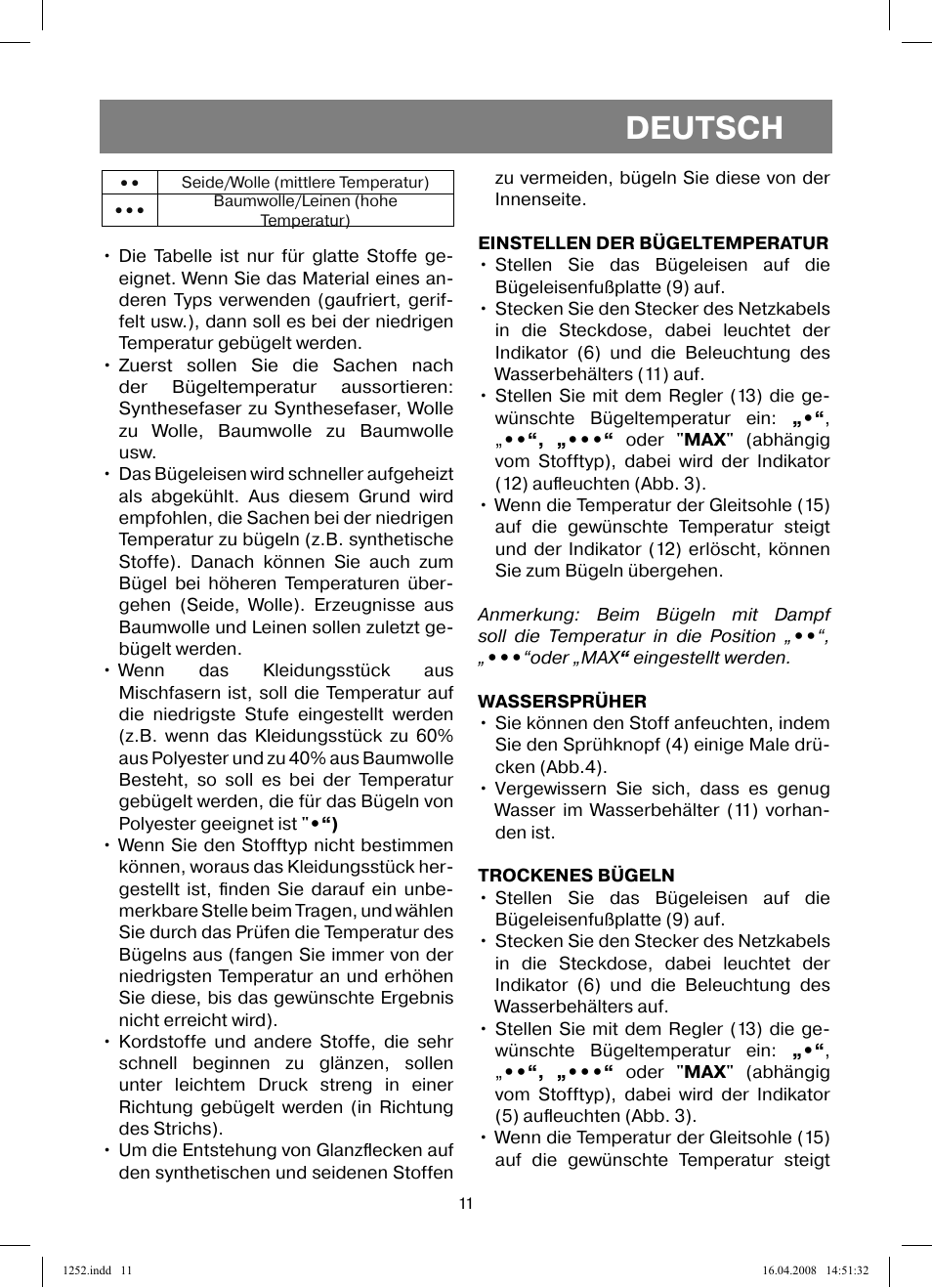 Deutsch | Vitek VT-1252 User Manual | Page 11 / 52