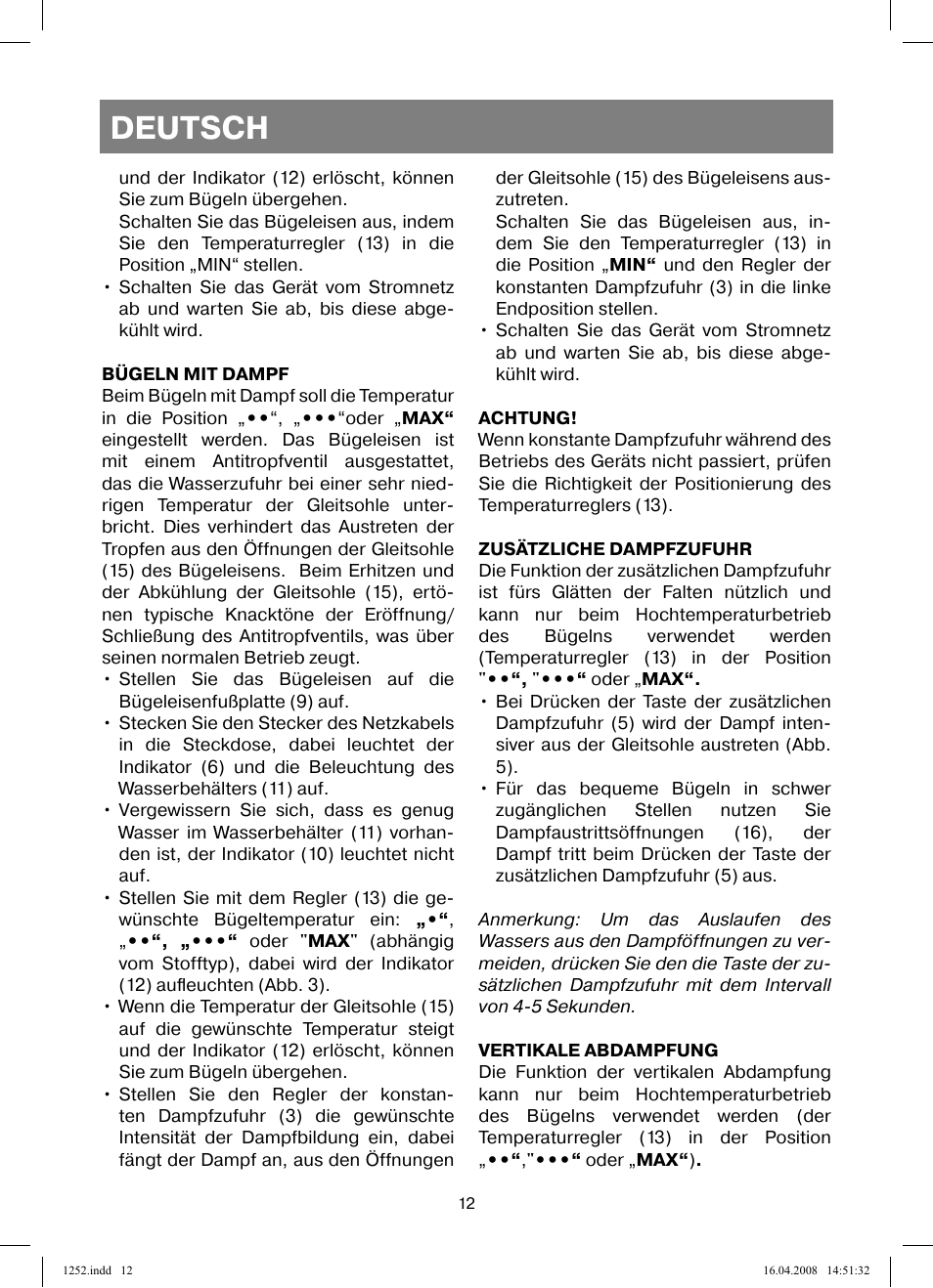 Deutsch | Vitek VT-1252 User Manual | Page 12 / 52