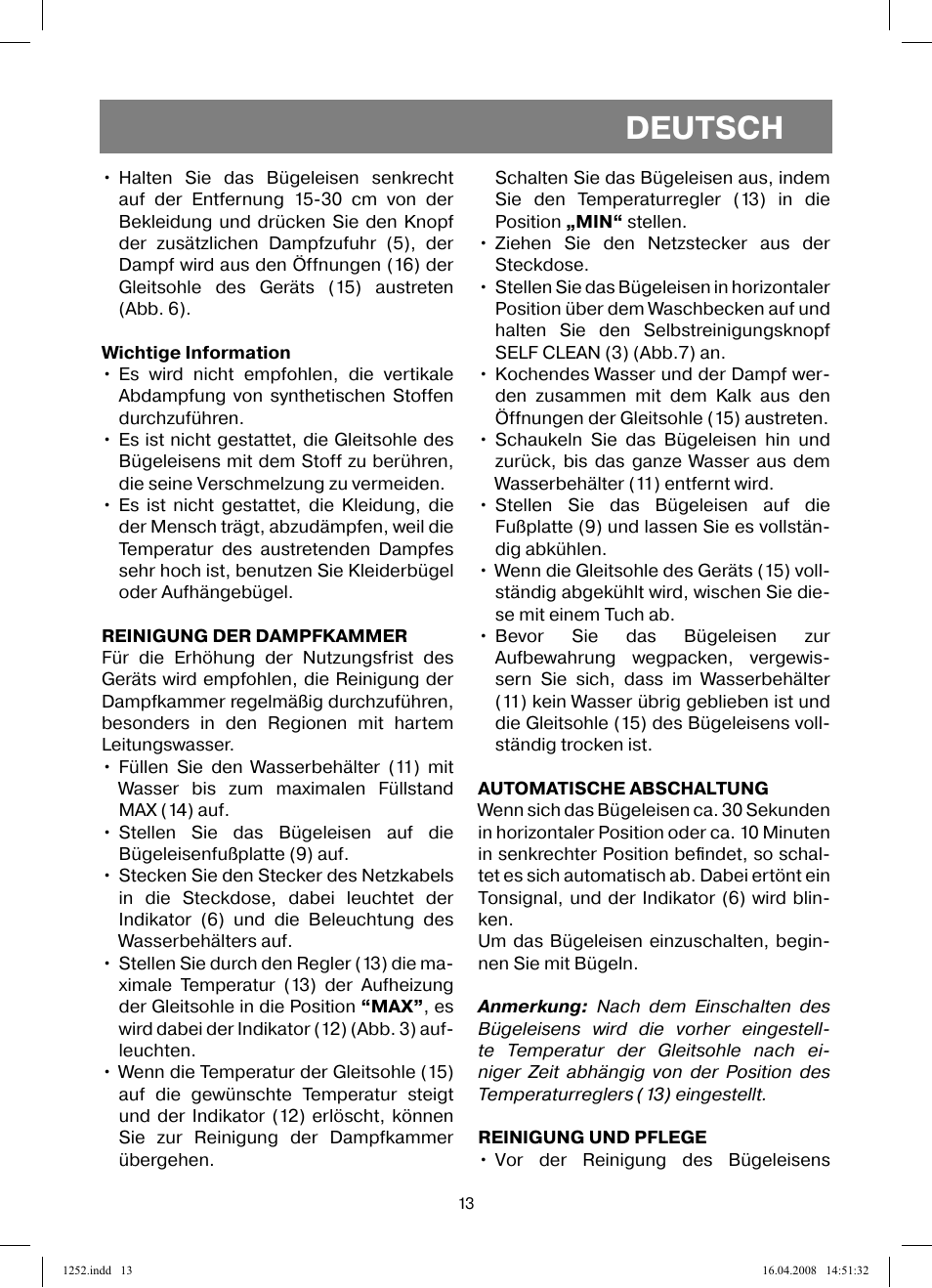 Deutsch | Vitek VT-1252 User Manual | Page 13 / 52
