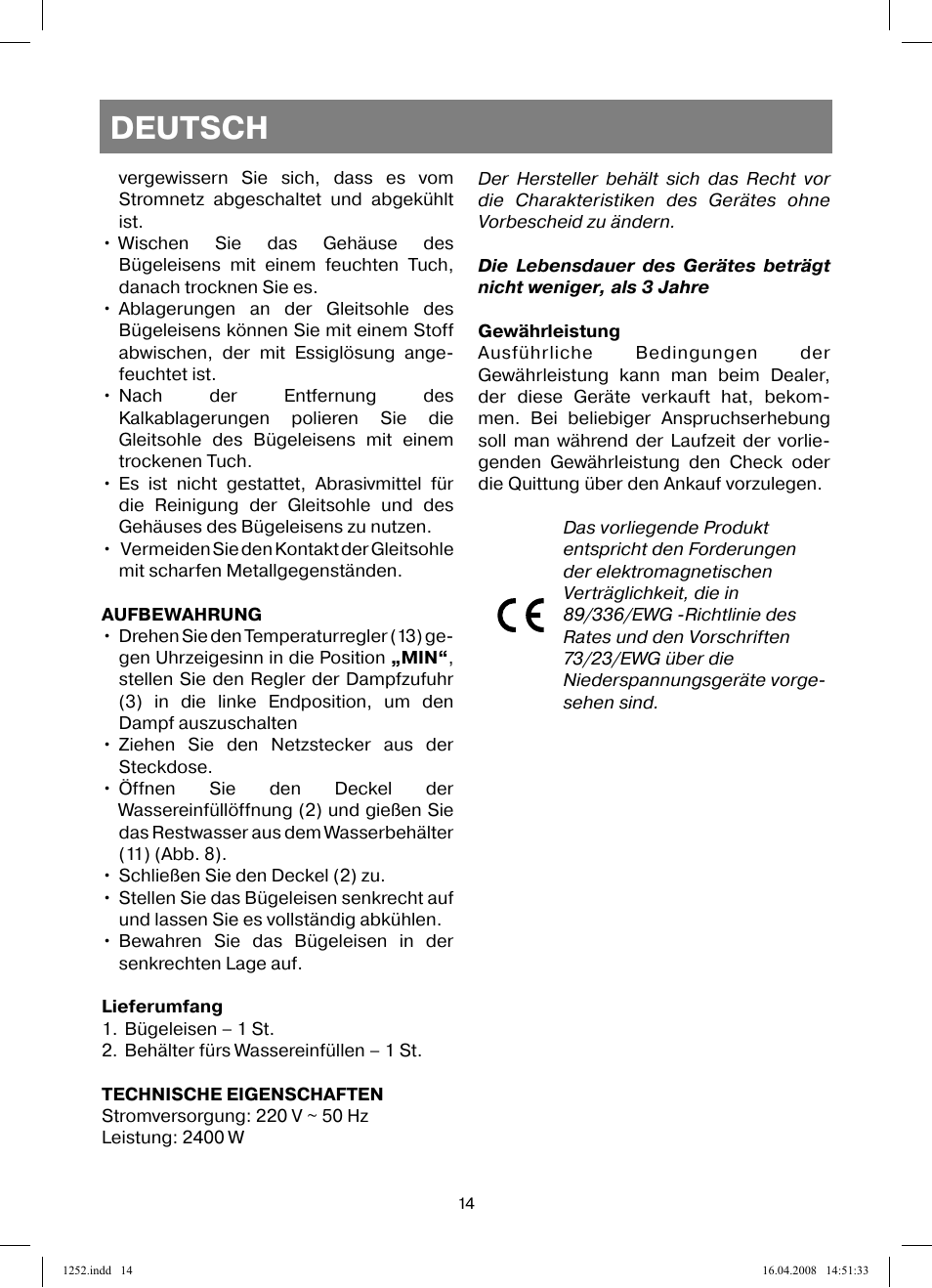 Deutsch | Vitek VT-1252 User Manual | Page 14 / 52