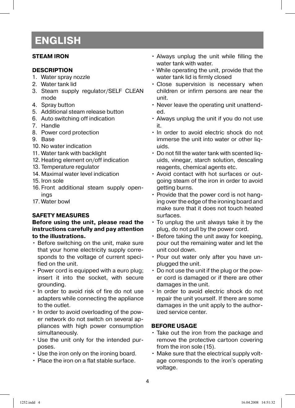 English | Vitek VT-1252 User Manual | Page 4 / 52