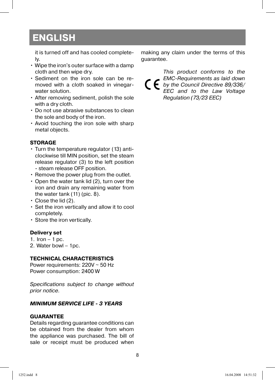English | Vitek VT-1252 User Manual | Page 8 / 52