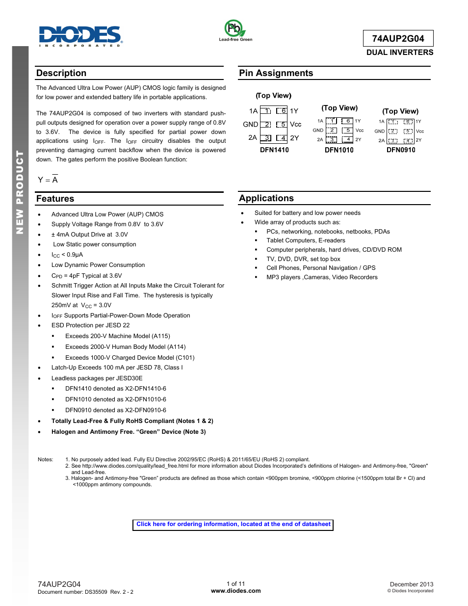 Diodes 74AUP2G04 User Manual | 11 pages