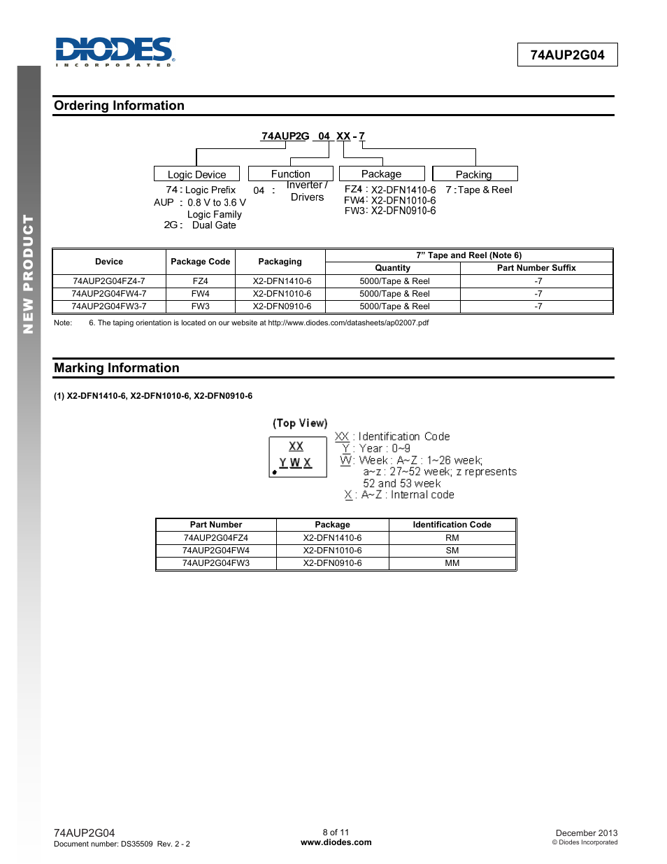 Ordering information, Marking information | Diodes 74AUP2G04 User Manual | Page 8 / 11